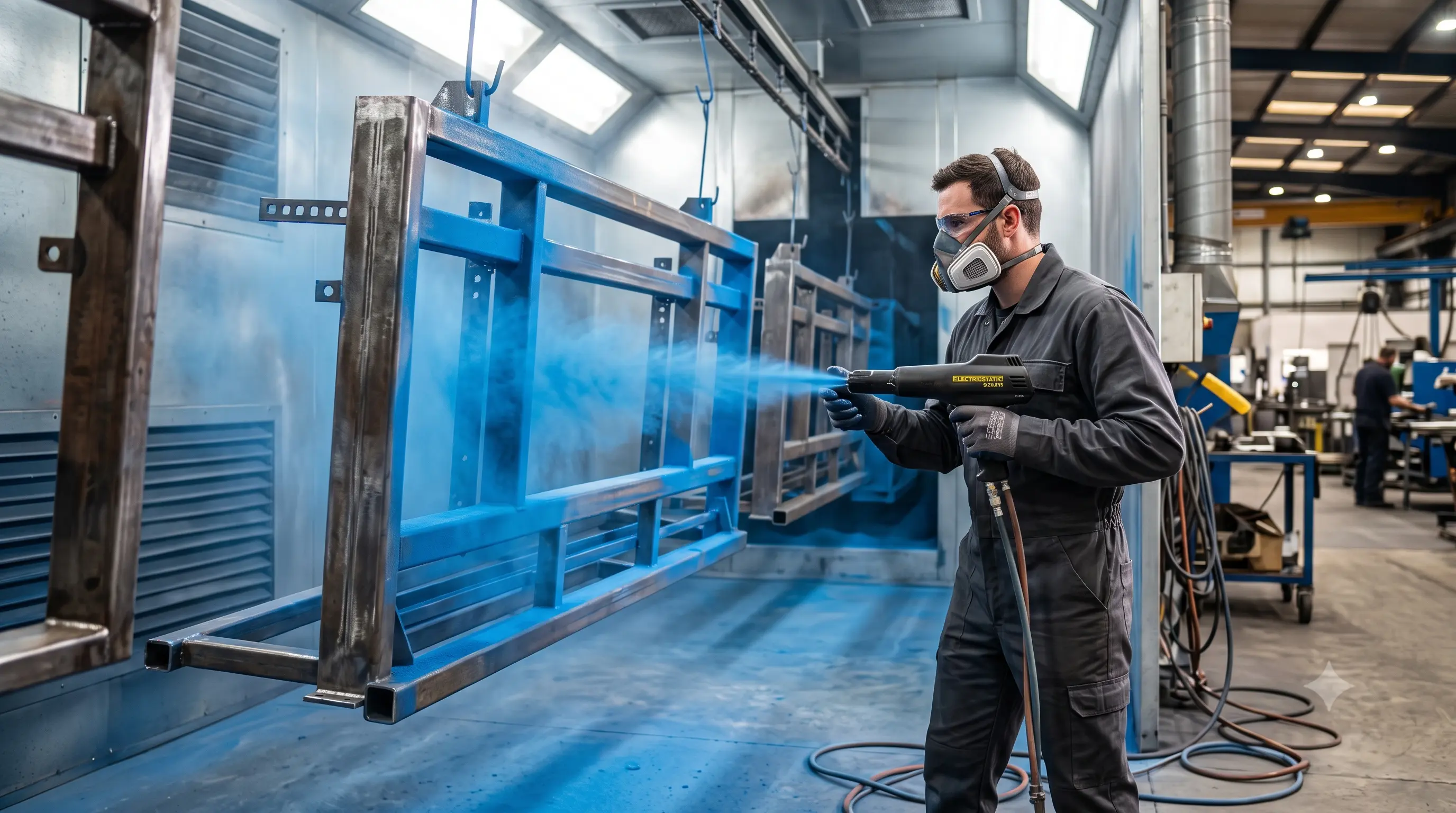 Electrostatic spray gun applying uniform powder coating on metal fabrication - Sai Coats
